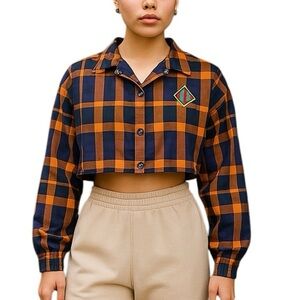 Forever 21 Medium Purple Orange Plaid NYC Sporty Cropped Windbreaker Jacket